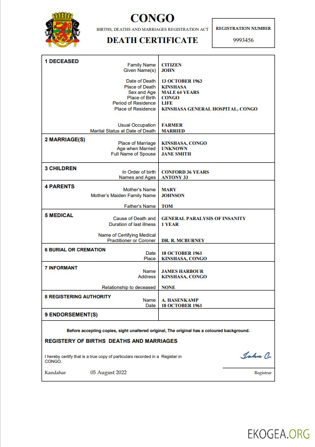 Modèle Word et PDF d'acte de décès au Congo